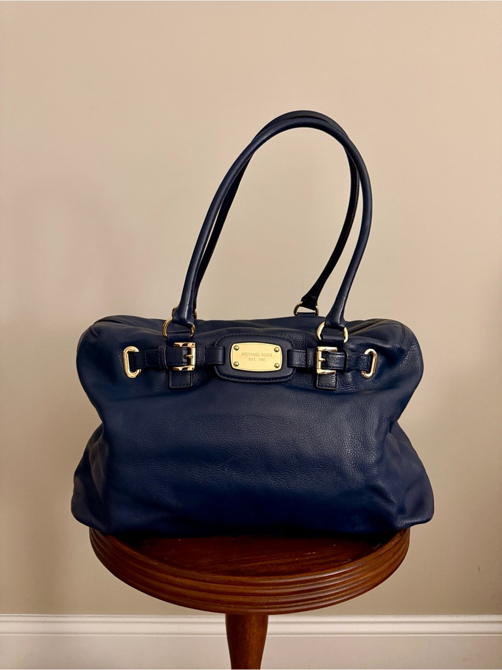 Michael Kors Navy Leather Shoulder Bag with Gold Hardware